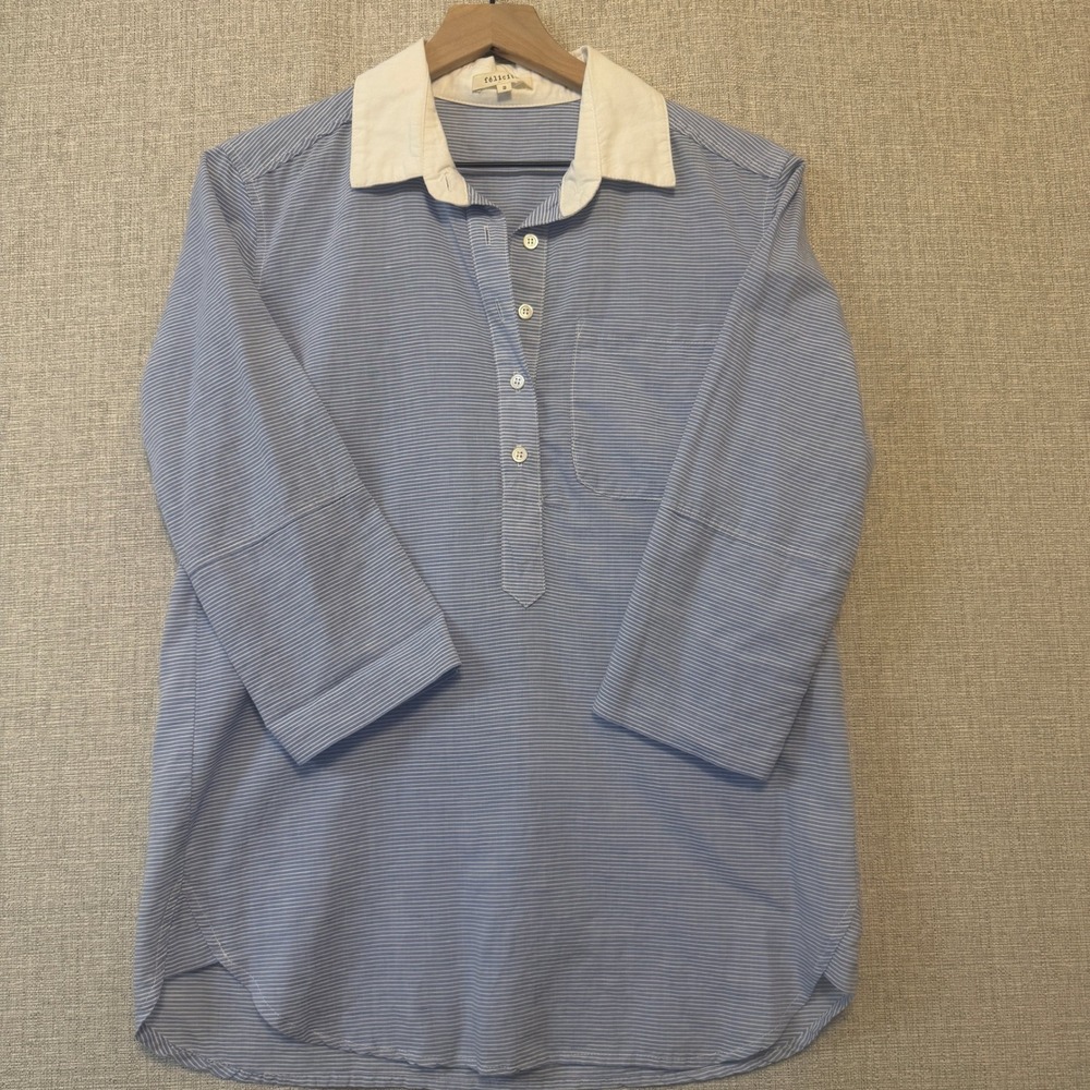 FÉLICITÉ Shirt Top Womens 2 Blue White Striped Cotton 3/4 Sleeve Contrast Collar